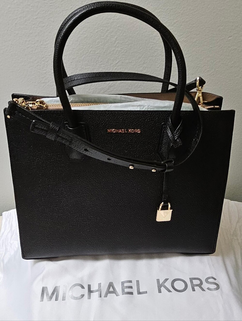Michael Kors Black Leather Satchel with Gold Hardware